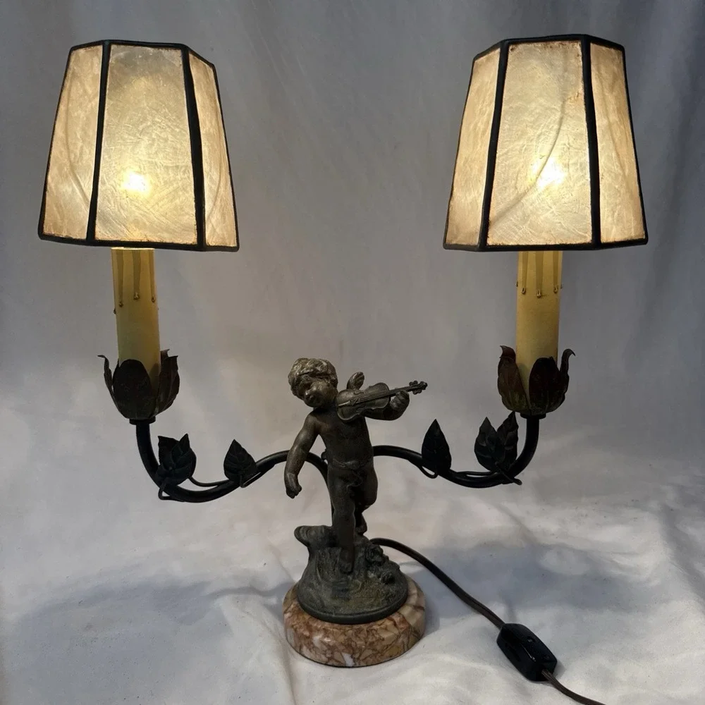 VTG Figural Cherub Double Arm Table Lamp Spelter Marble Base Art Nouveau Style